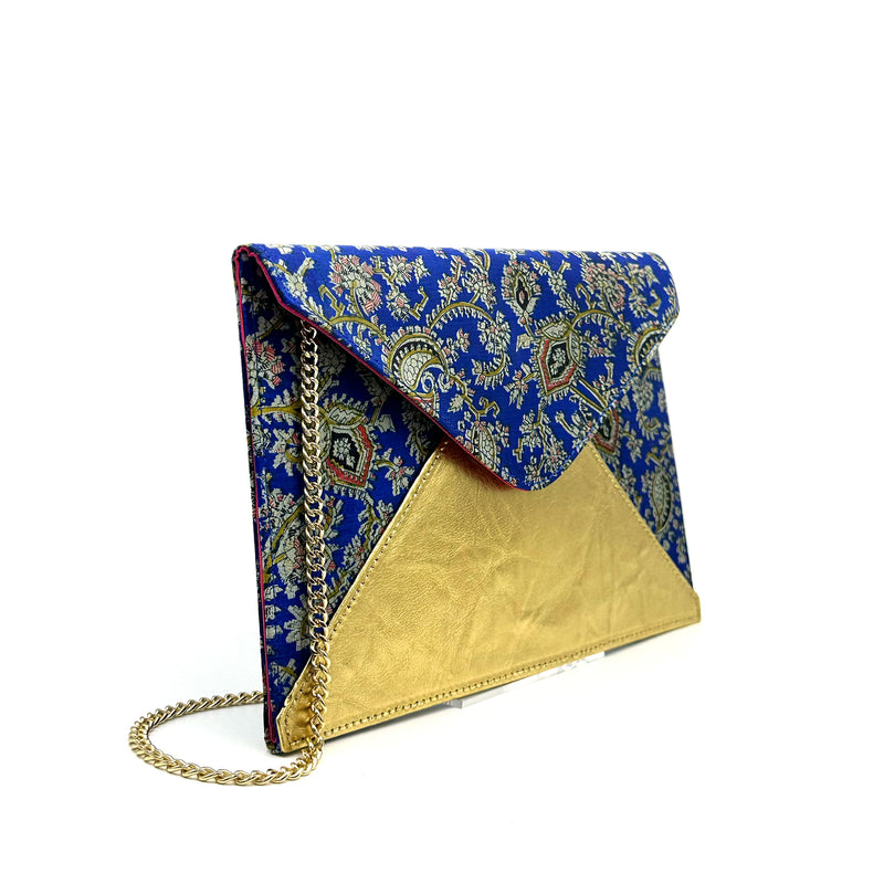French Navy upcycled silk envelope clutch with washable paper